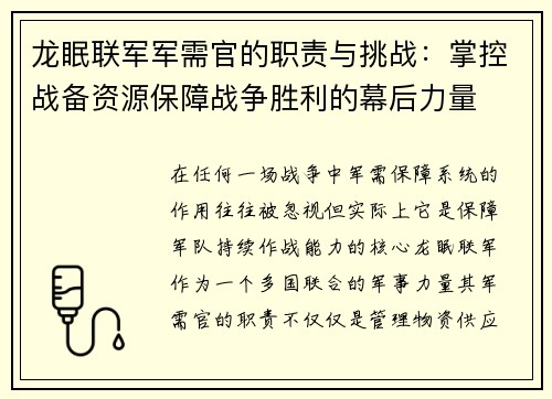 龙眠联军军需官的职责与挑战：掌控战备资源保障战争胜利的幕后力量